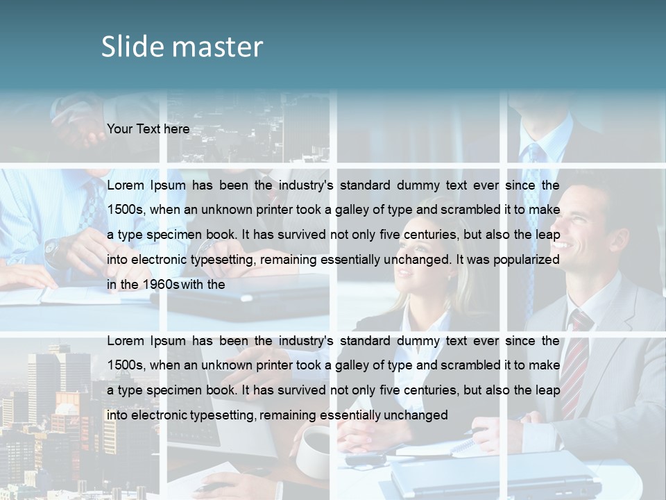 Business Meeting In The Downtown. Businessmen And Business Woman PowerPoint Template