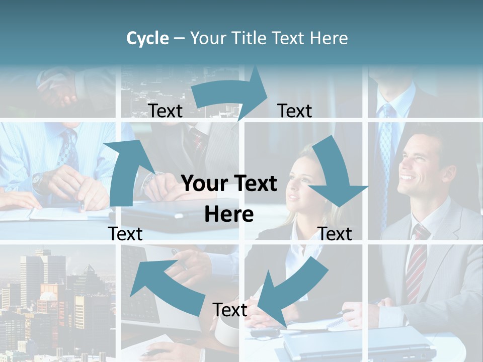 Business Meeting In The Downtown. Businessmen And Business Woman PowerPoint Template