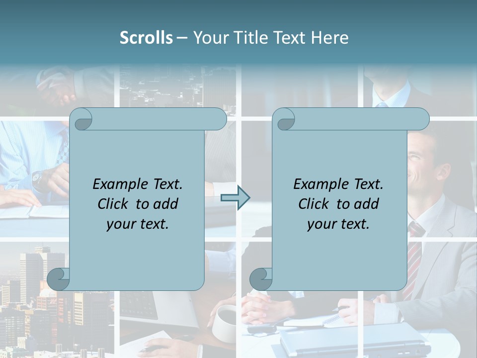 Business Meeting In The Downtown. Businessmen And Business Woman PowerPoint Template