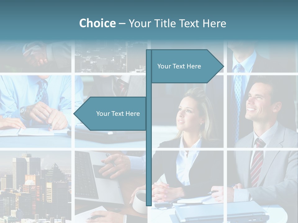 Business Meeting In The Downtown. Businessmen And Business Woman PowerPoint Template