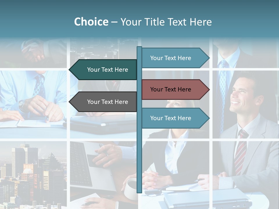 Business Meeting In The Downtown. Businessmen And Business Woman PowerPoint Template