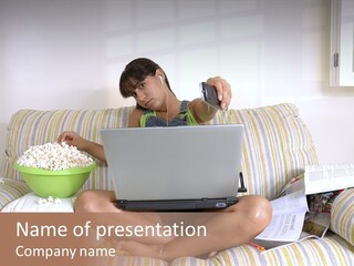 Girl Of Generation Y Doing Many Things At The Same Time (Calling, Watching Tv, Surfing The Web And Eating Popcorn) PowerPoint Template