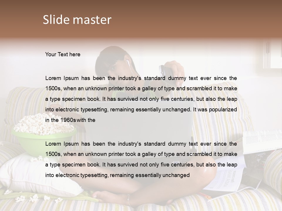 Girl Of Generation Y Doing Many Things At The Same Time (Calling, Watching Tv, Surfing The Web And Eating Popcorn) PowerPoint Template