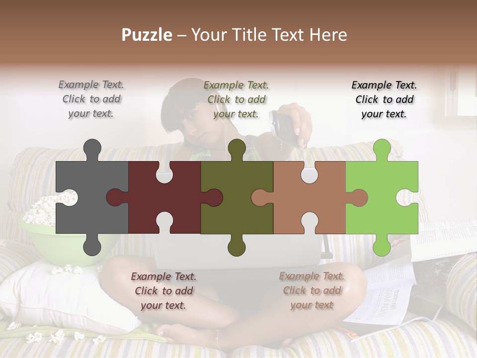 Girl Of Generation Y Doing Many Things At The Same Time (Calling, Watching Tv, Surfing The Web And Eating Popcorn) PowerPoint Template