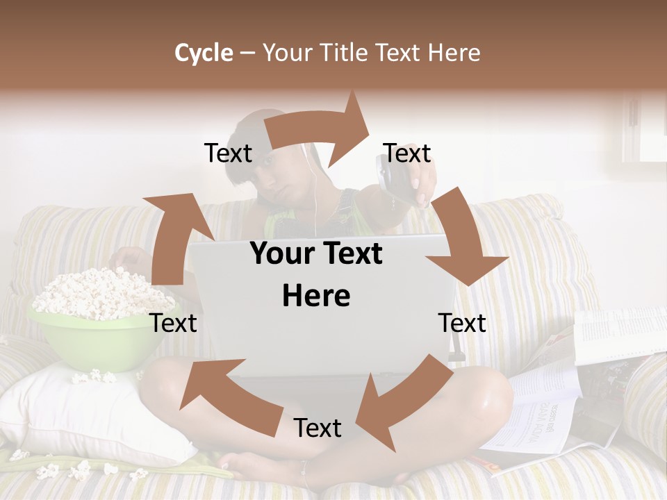 Girl Of Generation Y Doing Many Things At The Same Time (Calling, Watching Tv, Surfing The Web And Eating Popcorn) PowerPoint Template