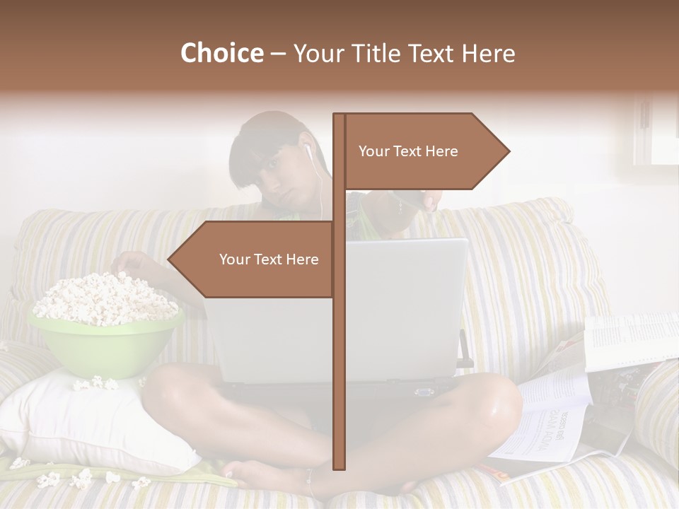 Girl Of Generation Y Doing Many Things At The Same Time (Calling, Watching Tv, Surfing The Web And Eating Popcorn) PowerPoint Template