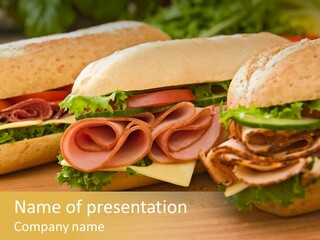 Three Fresh Sandwiches - Turkey Breast, Ham & Swiss And Salami On A Cutting Board. Focus On The Ham Sandwich PowerPoint Template