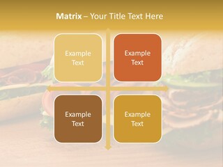 Three Fresh Sandwiches - Turkey Breast, Ham & Swiss And Salami On A Cutting Board. Focus On The Ham Sandwich PowerPoint Template