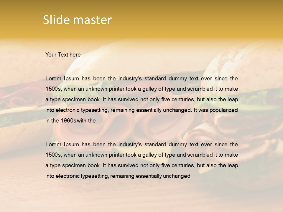 Three Fresh Sandwiches - Turkey Breast, Ham & Swiss And Salami On A Cutting Board. Focus On The Ham Sandwich PowerPoint Template