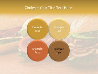 Three Fresh Sandwiches - Turkey Breast, Ham & Swiss And Salami On A Cutting Board. Focus On The Ham Sandwich PowerPoint Template