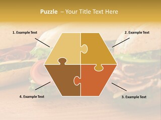 Three Fresh Sandwiches - Turkey Breast, Ham & Swiss And Salami On A Cutting Board. Focus On The Ham Sandwich PowerPoint Template