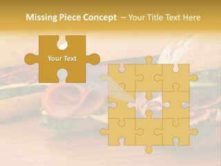 Three Fresh Sandwiches - Turkey Breast, Ham & Swiss And Salami On A Cutting Board. Focus On The Ham Sandwich PowerPoint Template