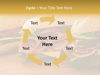 Three Fresh Sandwiches - Turkey Breast, Ham & Swiss And Salami On A Cutting Board. Focus On The Ham Sandwich PowerPoint Template