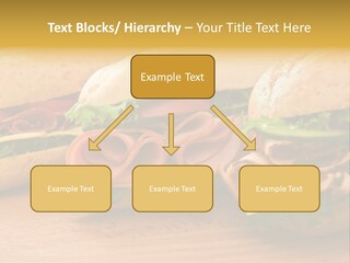 Three Fresh Sandwiches - Turkey Breast, Ham & Swiss And Salami On A Cutting Board. Focus On The Ham Sandwich PowerPoint Template