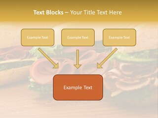 Three Fresh Sandwiches - Turkey Breast, Ham & Swiss And Salami On A Cutting Board. Focus On The Ham Sandwich PowerPoint Template