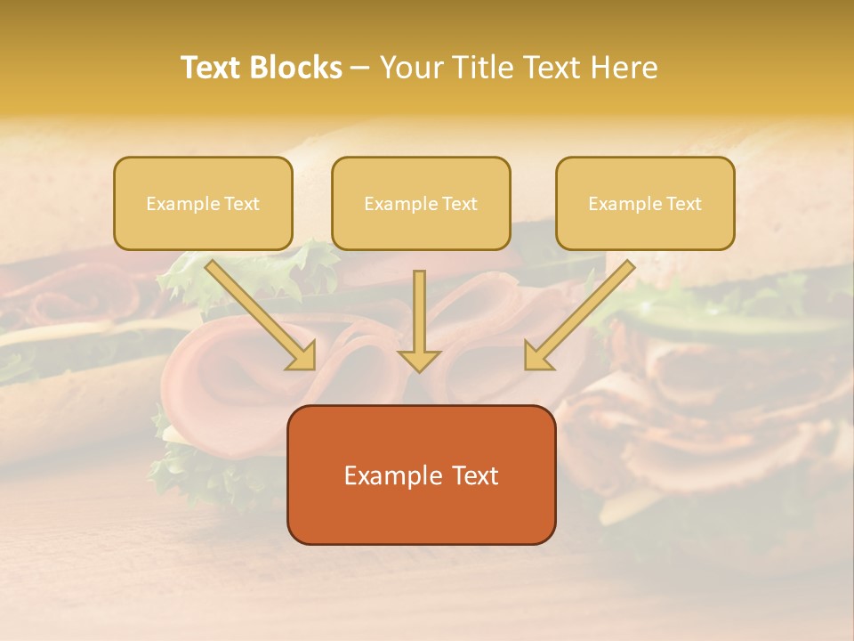 Three Fresh Sandwiches - Turkey Breast, Ham & Swiss And Salami On A Cutting Board. Focus On The Ham Sandwich PowerPoint Template