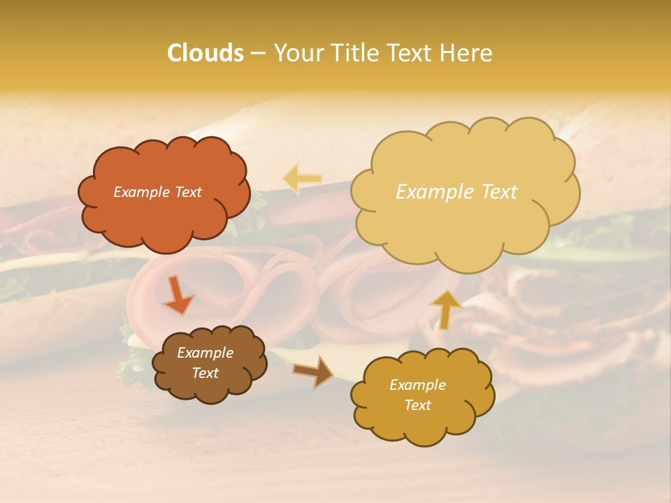 Three Fresh Sandwiches - Turkey Breast, Ham & Swiss And Salami On A Cutting Board. Focus On The Ham Sandwich PowerPoint Template