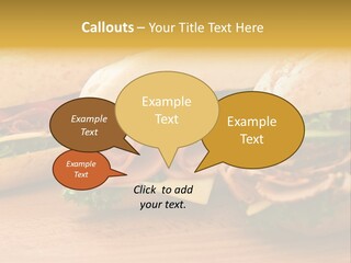 Three Fresh Sandwiches - Turkey Breast, Ham & Swiss And Salami On A Cutting Board. Focus On The Ham Sandwich PowerPoint Template