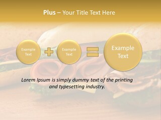 Three Fresh Sandwiches - Turkey Breast, Ham & Swiss And Salami On A Cutting Board. Focus On The Ham Sandwich PowerPoint Template