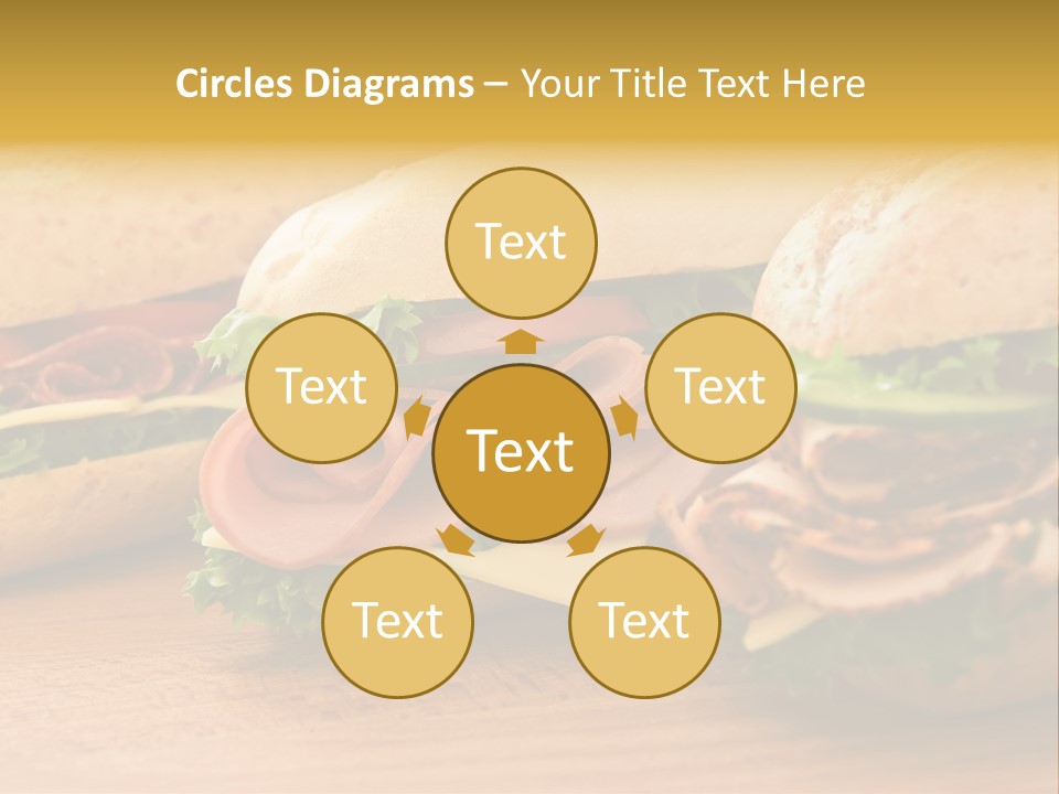 Three Fresh Sandwiches - Turkey Breast, Ham & Swiss And Salami On A Cutting Board. Focus On The Ham Sandwich PowerPoint Template