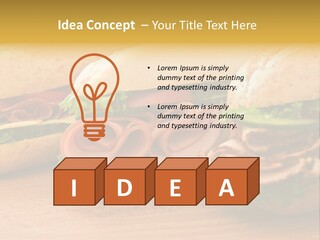 Three Fresh Sandwiches - Turkey Breast, Ham & Swiss And Salami On A Cutting Board. Focus On The Ham Sandwich PowerPoint Template