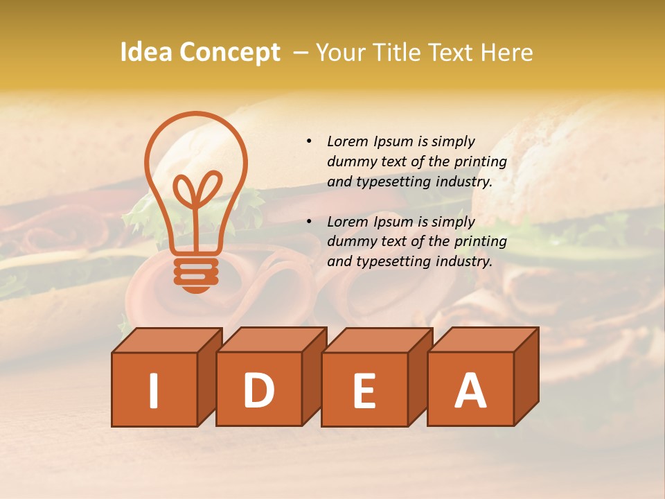 Three Fresh Sandwiches - Turkey Breast, Ham & Swiss And Salami On A Cutting Board. Focus On The Ham Sandwich PowerPoint Template