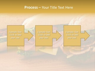 Three Fresh Sandwiches - Turkey Breast, Ham & Swiss And Salami On A Cutting Board. Focus On The Ham Sandwich PowerPoint Template