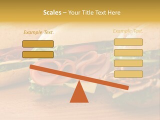 Three Fresh Sandwiches - Turkey Breast, Ham & Swiss And Salami On A Cutting Board. Focus On The Ham Sandwich PowerPoint Template