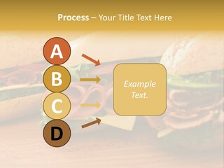 Three Fresh Sandwiches - Turkey Breast, Ham & Swiss And Salami On A Cutting Board. Focus On The Ham Sandwich PowerPoint Template