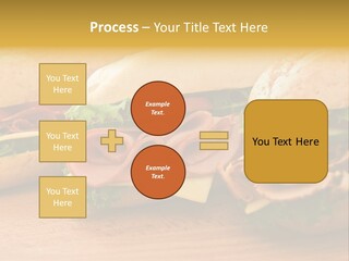 Three Fresh Sandwiches - Turkey Breast, Ham & Swiss And Salami On A Cutting Board. Focus On The Ham Sandwich PowerPoint Template