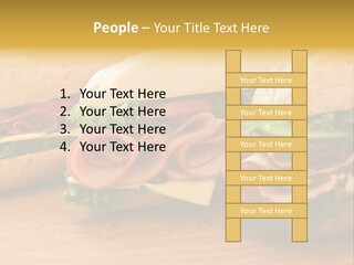 Three Fresh Sandwiches - Turkey Breast, Ham & Swiss And Salami On A Cutting Board. Focus On The Ham Sandwich PowerPoint Template