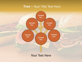 Three Fresh Sandwiches - Turkey Breast, Ham & Swiss And Salami On A Cutting Board. Focus On The Ham Sandwich PowerPoint Template