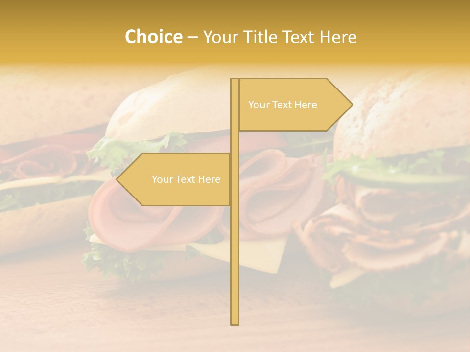 Three Fresh Sandwiches - Turkey Breast, Ham & Swiss And Salami On A Cutting Board. Focus On The Ham Sandwich PowerPoint Template