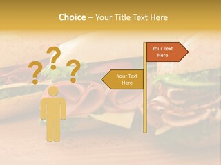 Three Fresh Sandwiches - Turkey Breast, Ham & Swiss And Salami On A Cutting Board. Focus On The Ham Sandwich PowerPoint Template