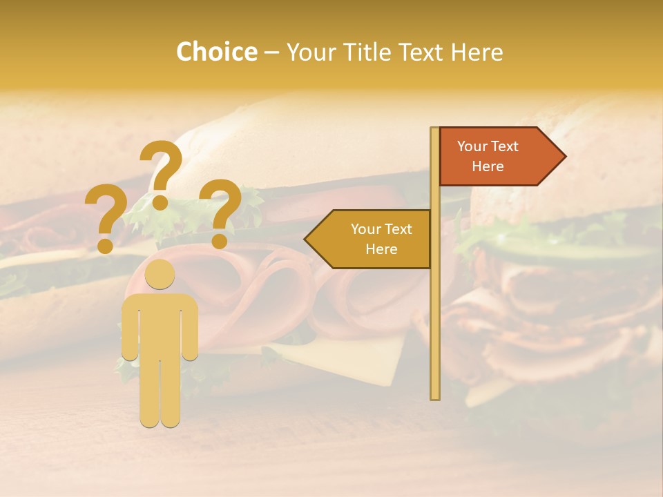 Three Fresh Sandwiches - Turkey Breast, Ham & Swiss And Salami On A Cutting Board. Focus On The Ham Sandwich PowerPoint Template