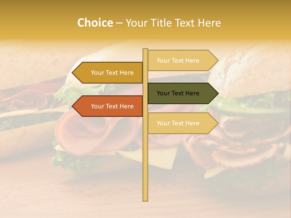 Three Fresh Sandwiches - Turkey Breast, Ham & Swiss And Salami On A Cutting Board. Focus On The Ham Sandwich PowerPoint Template