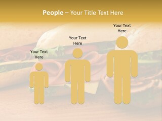 Three Fresh Sandwiches - Turkey Breast, Ham & Swiss And Salami On A Cutting Board. Focus On The Ham Sandwich PowerPoint Template