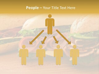 Three Fresh Sandwiches - Turkey Breast, Ham & Swiss And Salami On A Cutting Board. Focus On The Ham Sandwich PowerPoint Template