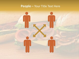 Three Fresh Sandwiches - Turkey Breast, Ham & Swiss And Salami On A Cutting Board. Focus On The Ham Sandwich PowerPoint Template