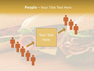 Three Fresh Sandwiches - Turkey Breast, Ham & Swiss And Salami On A Cutting Board. Focus On The Ham Sandwich PowerPoint Template