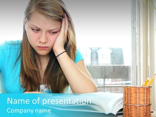 Teenage Girl Studying With Textbooks Looking Unhappy PowerPoint Template