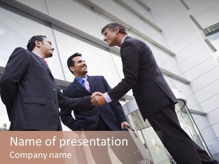 Business People Shaking Hands Outside Modern Office Building PowerPoint Template