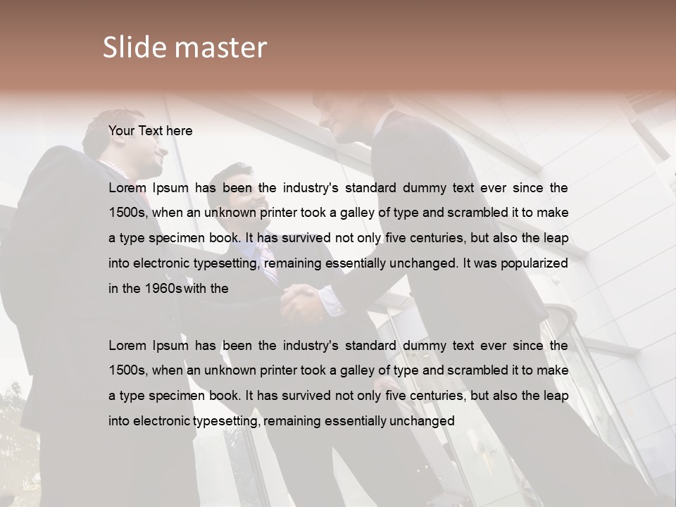 Business People Shaking Hands Outside Modern Office Building PowerPoint Template