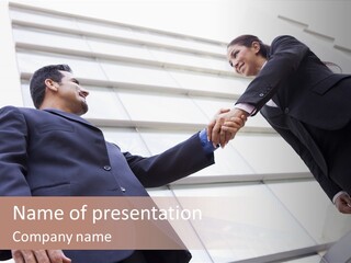 Business People Shaking Hands Outside Modern Office PowerPoint Template