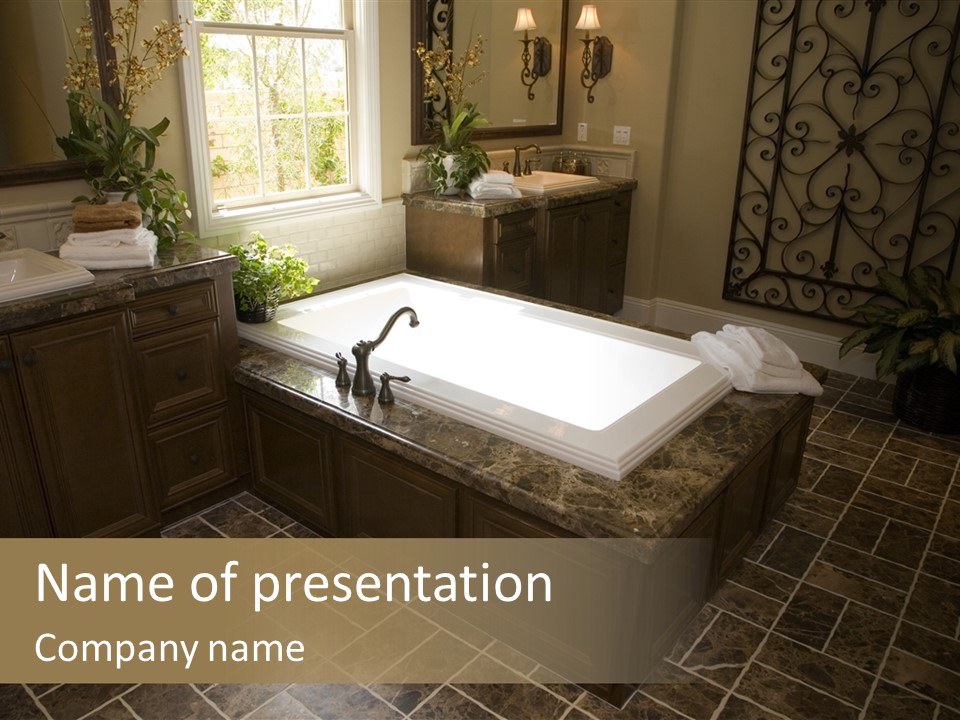 Upscale Bathroom With A Modern Tub And Tile Floor. PowerPoint Template