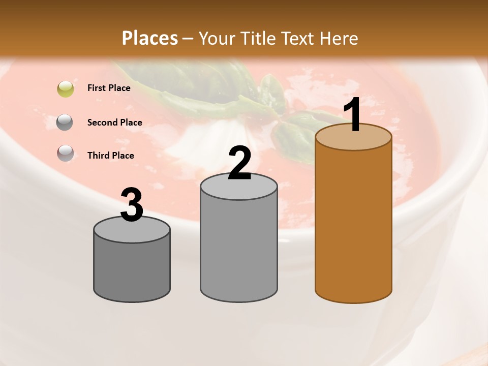 Closeup Of Bowls Of Delicious Tomato Soup Garnished With Cream And Basil Leaves PowerPoint Template