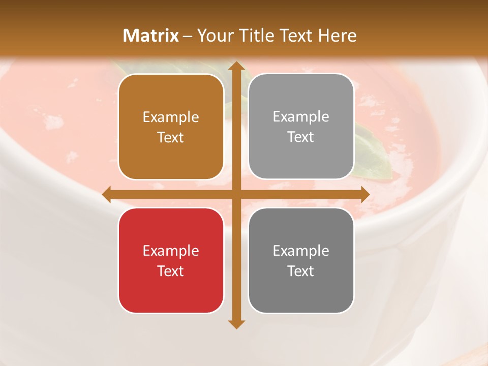 Closeup Of Bowls Of Delicious Tomato Soup Garnished With Cream And Basil Leaves PowerPoint Template