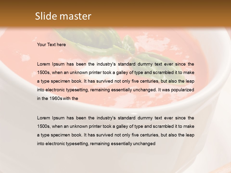 Closeup Of Bowls Of Delicious Tomato Soup Garnished With Cream And Basil Leaves PowerPoint Template