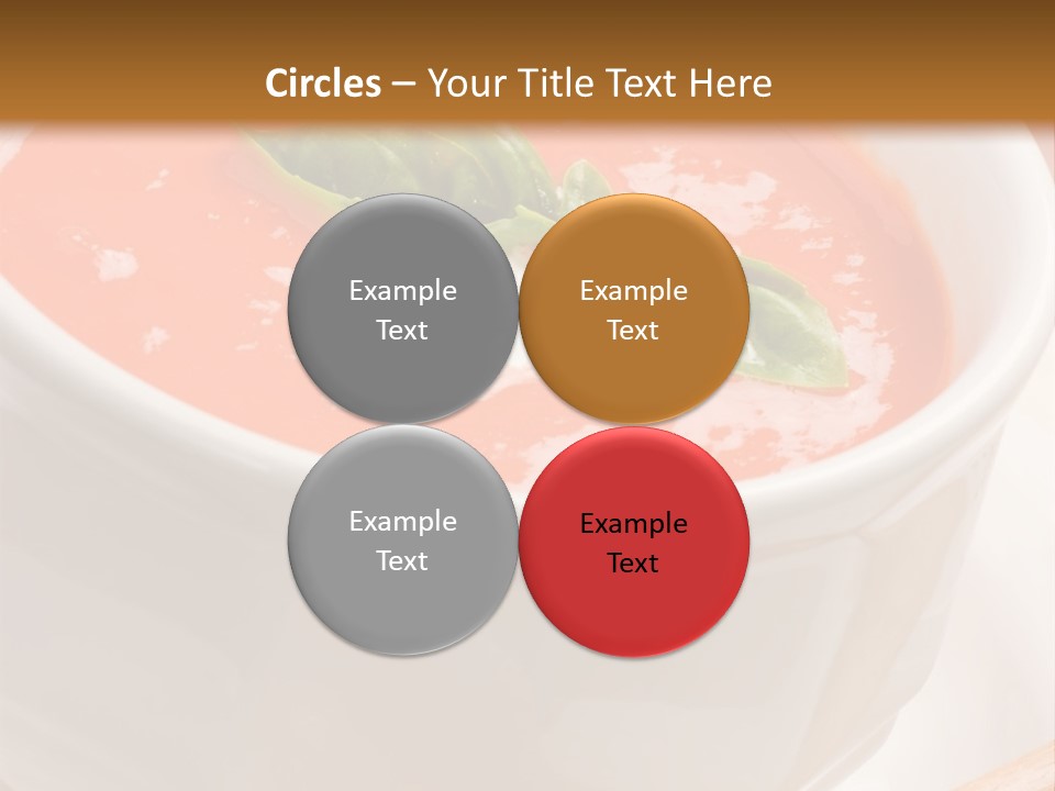 Closeup Of Bowls Of Delicious Tomato Soup Garnished With Cream And Basil Leaves PowerPoint Template