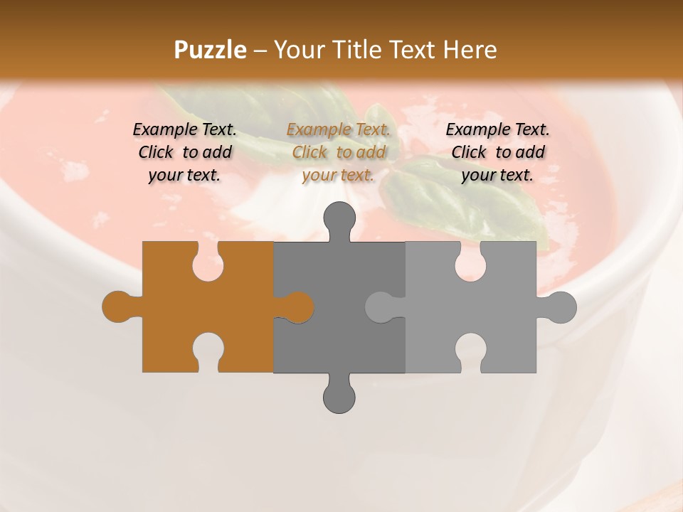 Closeup Of Bowls Of Delicious Tomato Soup Garnished With Cream And Basil Leaves PowerPoint Template